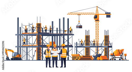 Three foremen review blueprints in the foreground of a bustling construction site with a building frame, crane, and excavator.