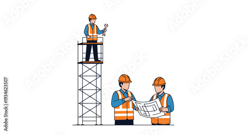 Two construction workers review blueprints on the ground while a third stands on tall scaffolding holding a wrench.