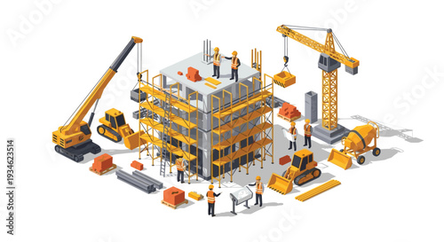 An isometric view of a construction site shows a building under development with machinery, workers, and materials on a white ground.