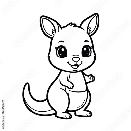 Adorable, hand-drawn, cartoon-style baby kangaroo with large, expressive eyes, standing and smiling playfully, perfect for children's books and coloring pages, black and white outline art.