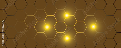 Golden hexagon structure blending technology and elegance. Luxurious honeycomb design. Abstract hexagonal with glowing nodes. Elegant honeycomb pattern featuring luminous points and highend themes