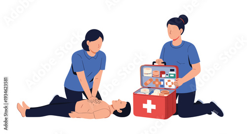 Two women administer CPR to a man on the ground, with one holding an open red first aid kit on a white background.