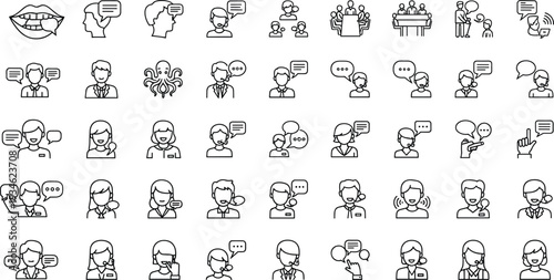 Customer support communication line icon set, call center agents with speech bubbles, help desk outline vector illustration collectionCustomer support communication line icon set, 