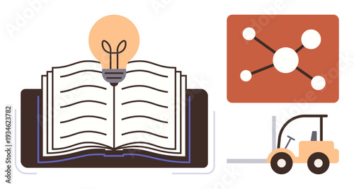 Education, innovation, networking, logistics, ideas, collaboration. Open book with lightbulb, network diagram and forklift. Education and innovation concept for modern communication and logistics