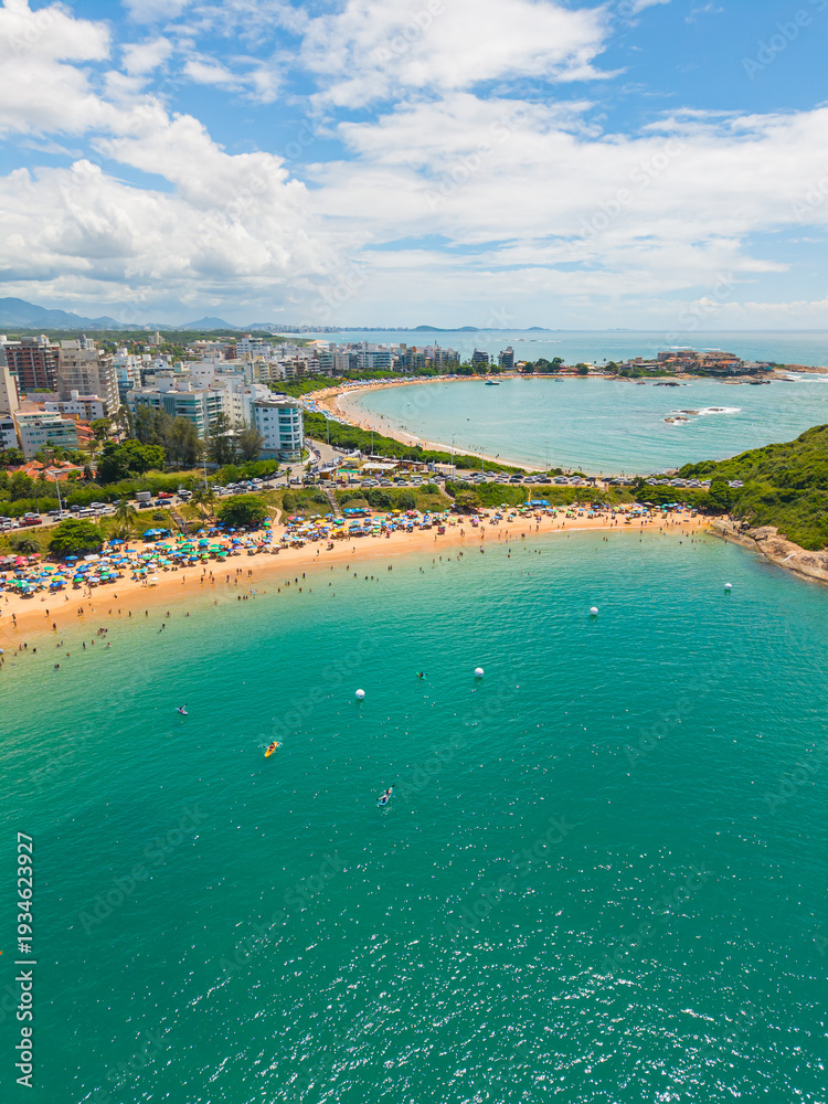 Obraz premium Aerial view of Enseada Azul beaches in Guarapari Espírito Santo Brazil during summer tourism season