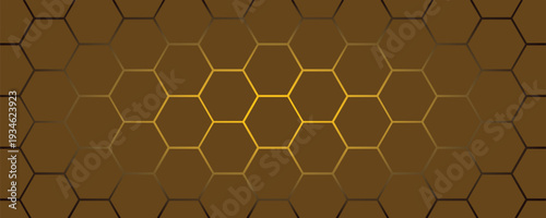 Golden hexagon structure blending technology and elegance. Luxurious honeycomb design. Abstract hexagonal with glowing nodes. Elegant honeycomb pattern featuring luminous points and highend themes
