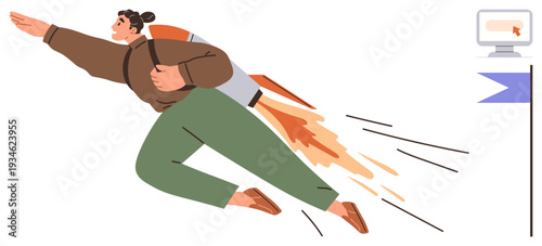 Innovation, ambition, career success, achievement, motivation, progress. Person wearing a jetpack and flying confidently toward a goal. Innovation and ambition concepts