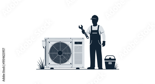 A silhouetted HVAC technician wearing a cap and overalls is standing with a wrench next to a large outdoor air conditioning unit.