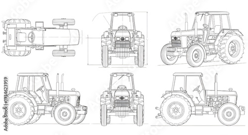 Four Wheel Tractor AutoCAD Blueprint Vector – Industrial Machinery Multi View Technical Drawing