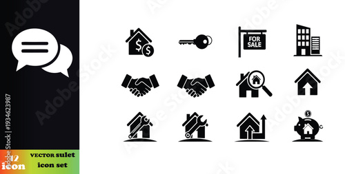 Vector icon set featuring real estate and property symbols for sale negotiation and financial transactions in various formats and designs.