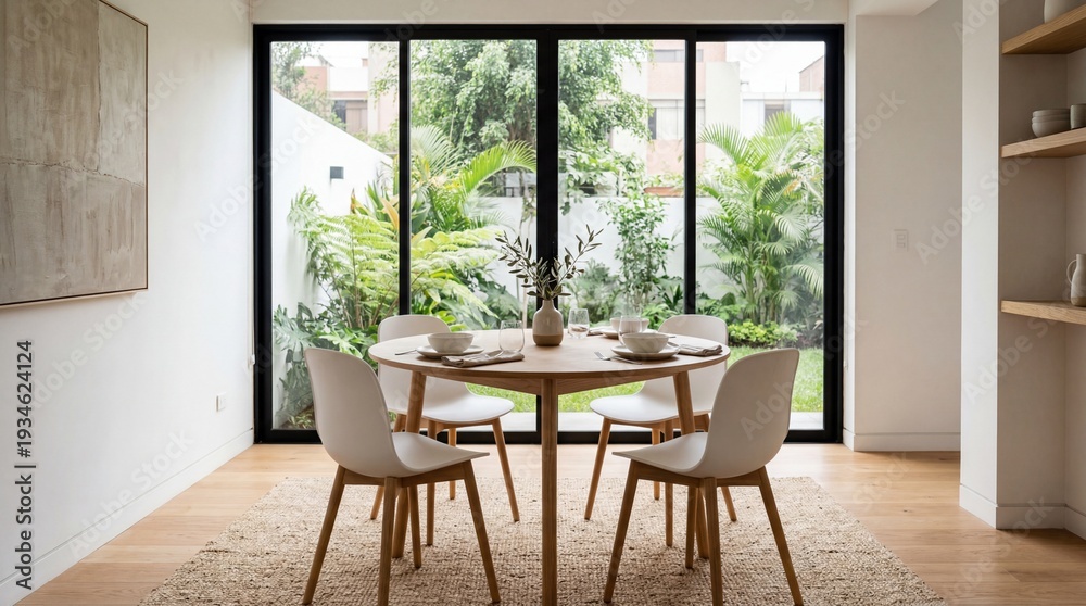 Fototapeta premium Modern Minimalist Dining Room with Round Wooden Table and View of Lush Tropical Garden