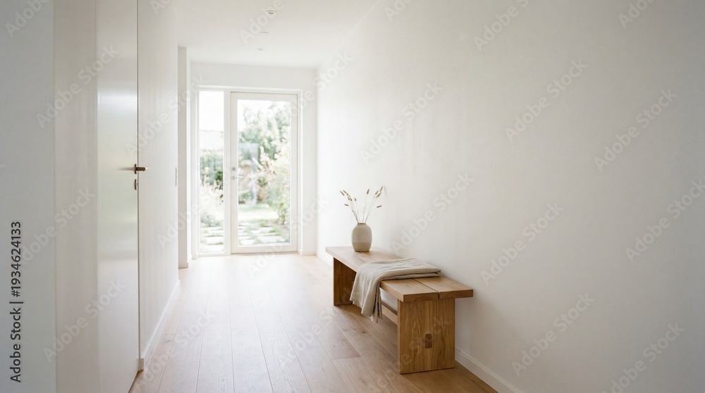 Fototapeta premium Bright Minimalist Modern Hallway Interior with Wooden Bench, Parquet Floor and Glass Door Leading to Garden