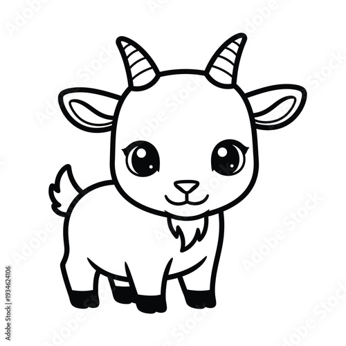 Adorable line art sketch of a cute baby goat with big expressive eyes and tiny horns, standing on four legs, rendered in a simple cartoon style.
