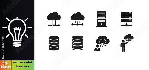 Vector icon set featuring cloud computing database server and innovation ideas for modern technology and business solutions