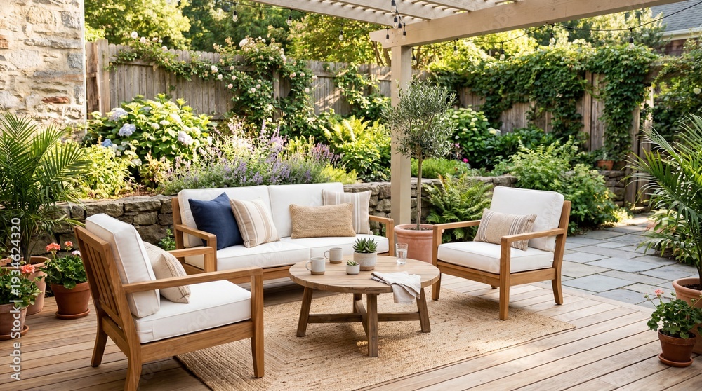 Fototapeta premium Modern Outdoor Living Space with Wooden Patio Furniture and Cozy Decor in a Lush Backyard Garden with Pergola