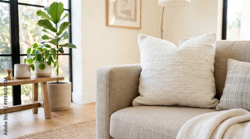 Fototapeta premium Modern Minimalist Living Room Interior with Beige Sofa, Textured Cushion, and Green Houseplants for Home Decor Concept