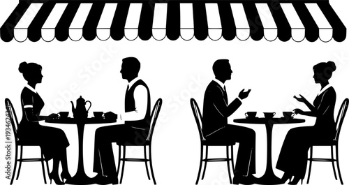 Elegant outdoor cafe silhouettes: People dining under striped awning in retro style. Design for restaurant menus, European travel brochures, or interior wall decals. Transparent EPS version.