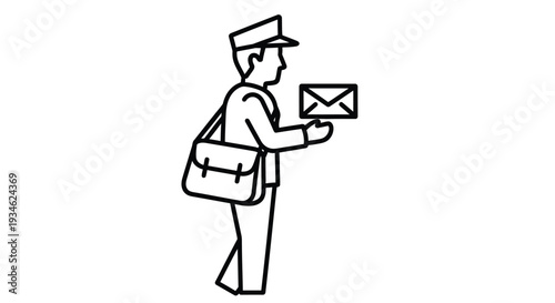 A simple line drawing depicts a postal worker delivering a package