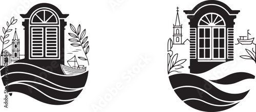 Vintage vector illustration of a hand drawn sketch featuring a man beside a London architecture landmark tower and city house symbol