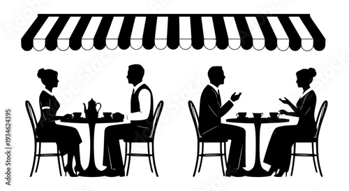 Elegant outdoor cafe silhouettes: People dining under striped awning in retro style. Design for restaurant menus, European travel brochures, or interior wall decals. Transparent SVG version.