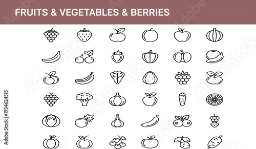 Fruits vegetables berries line icon set, healthy food outline symbols, organic farm produce vector illustration collection pack