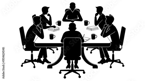 Business Team Meeting Silhouette Vector – Corporate Boardroom Discussion Illustration