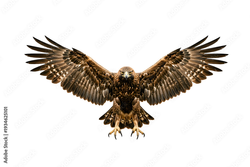 Obraz premium Majestic Golden Eagle with Fully Spread Wings Isolated on Deep Black Background, Symmetrical Wildlife Portrait in High Detail