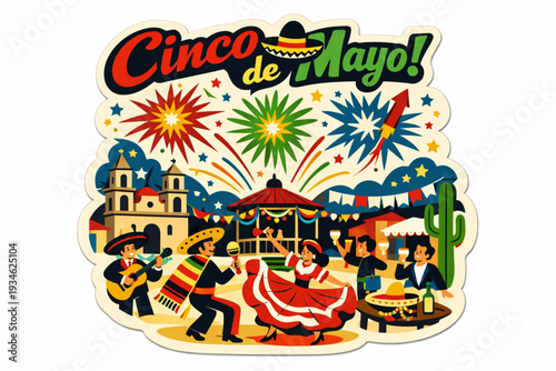 Retro 1950s Cinco de Mayo Fireworks Over Plaza Sticker