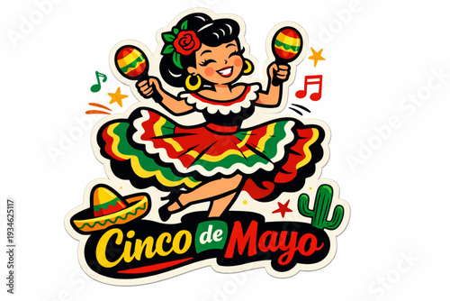 Retro 1950s Cinco de Mayo Dancing Woman with Maracas Sticker