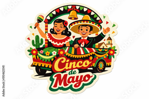 Retro 1950s Cinco de Mayo Parade Float Couple Sticker