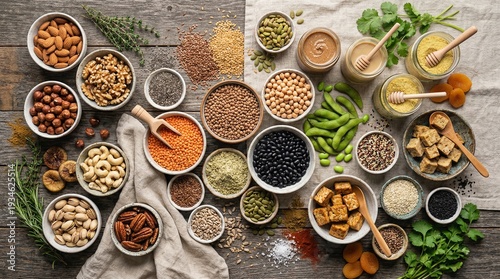Creative flat lay of nuts, seeds, and vegan protein on wooden background with textured fabrics