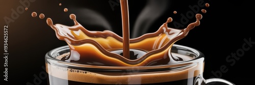 Splashing hot coffee in glass cup on black background close up of espresso splash with dynamic motion and brown liquid texture