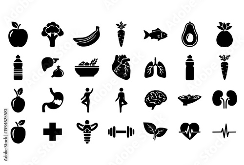 Black Silhouette Healthy Food Organ and Wellness Icon Set for Diet and Nutrition Design