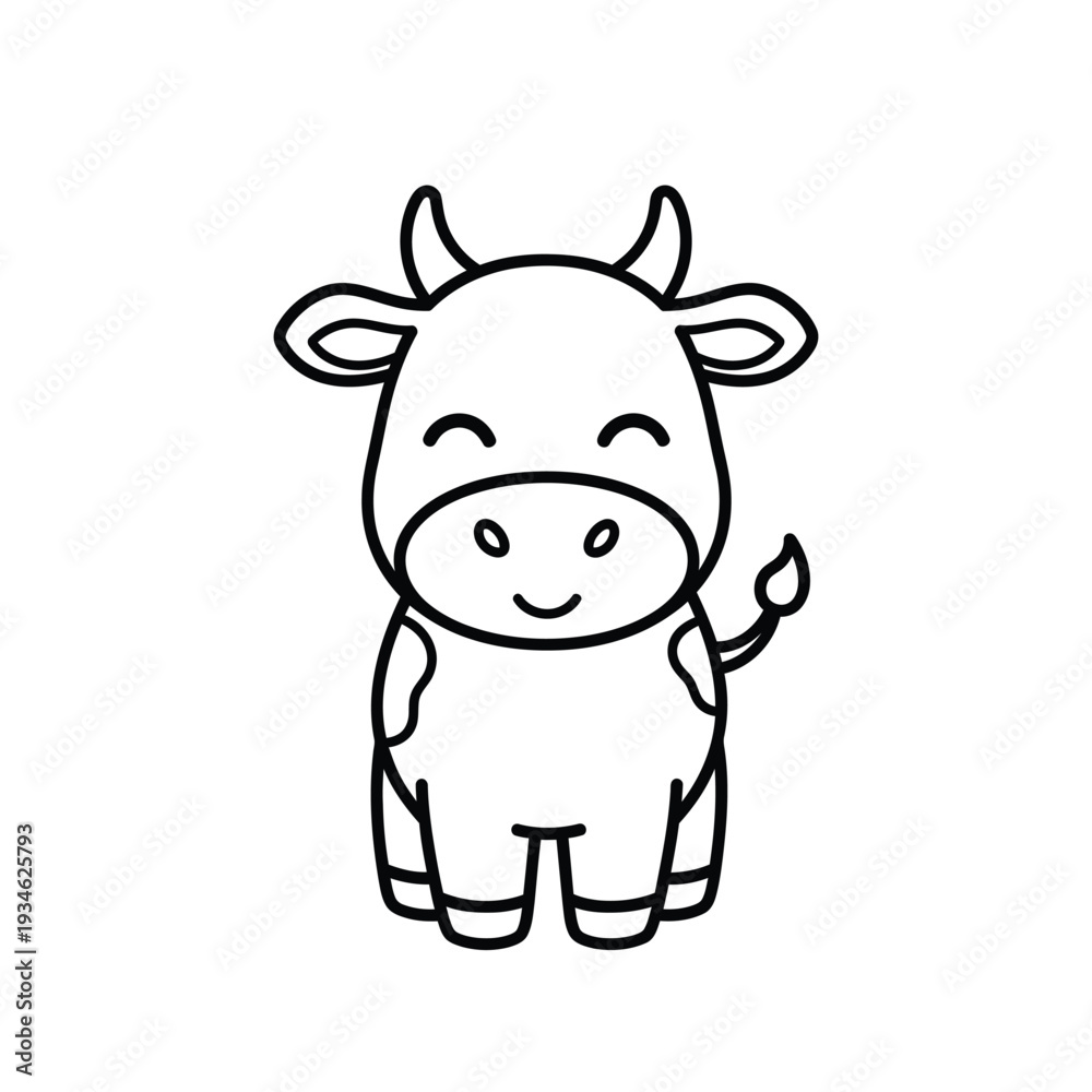 Obraz premium Adorable cartoon line art of a happy, smiling cow with closed eyes and gentle expression, standing on a white background, representing a friendly farm animal character.
