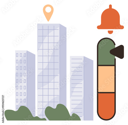 Urban planning, location tracking, progress alert, smart city, project monitoring, building status. Skyscraper with a location pin, alert bell and progress indicator. Urban planning and location