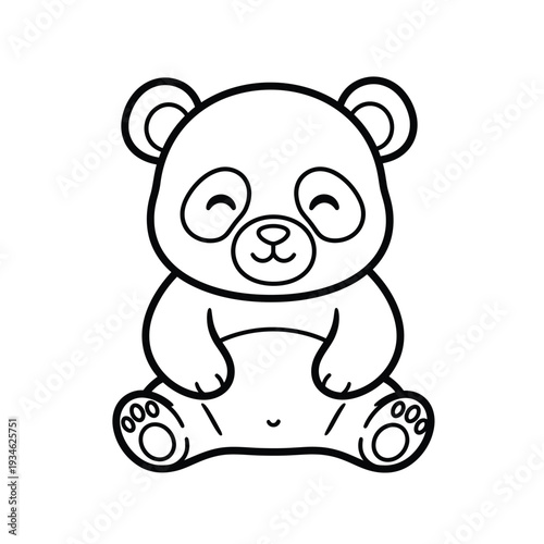 Adorable cartoon panda bear cub sitting contentedly, a simple black and white line art graphic, perfect for children's books and creative projects.