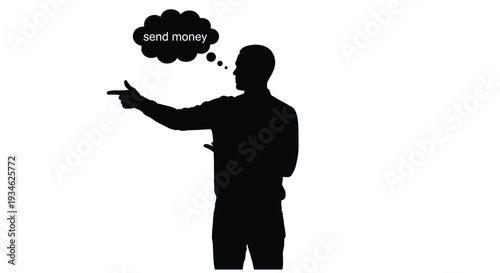 Silhouette of a man pointing and demanding money illustrated with a thought bubble
