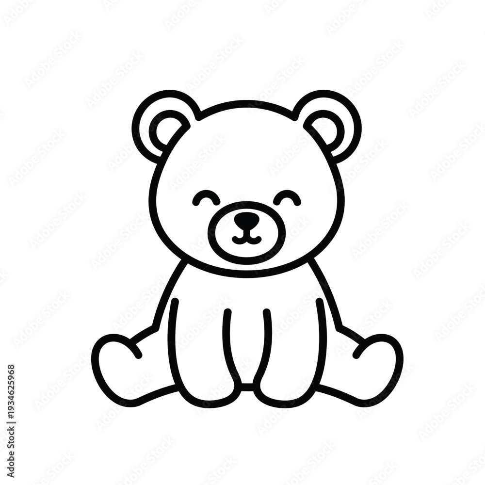 Obraz premium Adorable cartoon black and white line art of a happy teddy bear sitting with legs spread, perfect for children's themes, playful design, and cute graphic elements.
