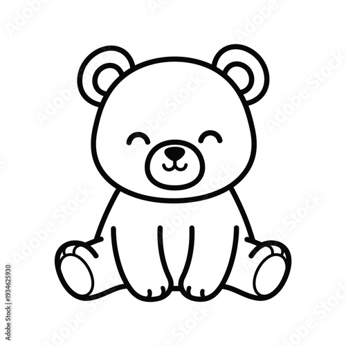 Adorable cartoon teddy bear with closed eyes and a joyful smile, sitting patiently in a simple, clean, graphic line art style, perfect for children's books or playful designs.
