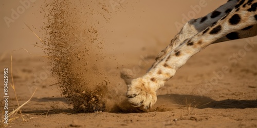 Cheetah paw kicking up sand in desert close up wildlife action shot symbol of speed power energy and fast motion