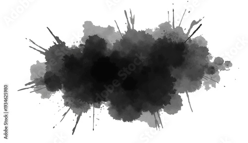 Artistic black ink splat background with grunge watercolor splashes and vector paint splatter texture on paper for an abstract design element