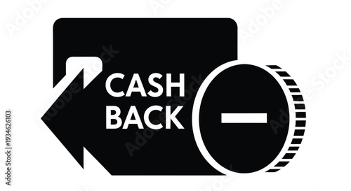 Black and white icon depicting a cash back arrow with circular element