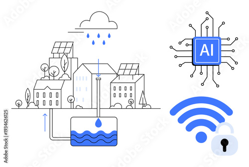 Smart cities, AI integration, sustainable systems, cybersecurity, IoT, renewable energy. Modern cityscape with solar panels, water system AI chip and wireless security. Sustainable systems
