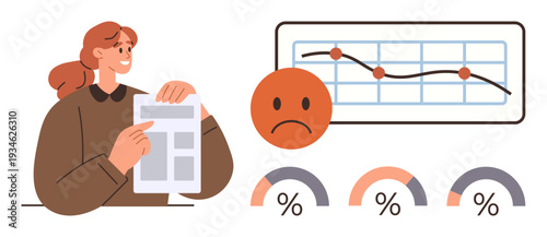Business loss, financial analysis, economic downturn, data reporting, decision-making, market trends. Woman holding a report near a declining graph and sad icon. Business loss and financial analysis