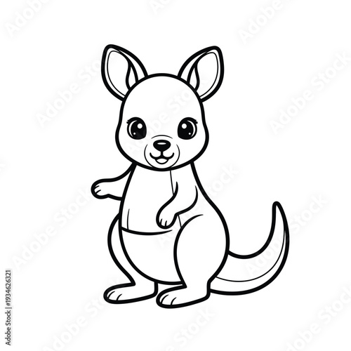 Adorable cartoon outline of a friendly baby kangaroo standing with a pouch, ready for coloring, evoking Australian wildlife and cute character design.