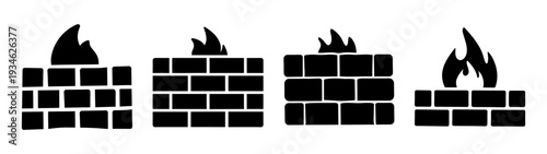 Firewall Icons: Brick Wall with Flames Vector Illustration, Flat Design