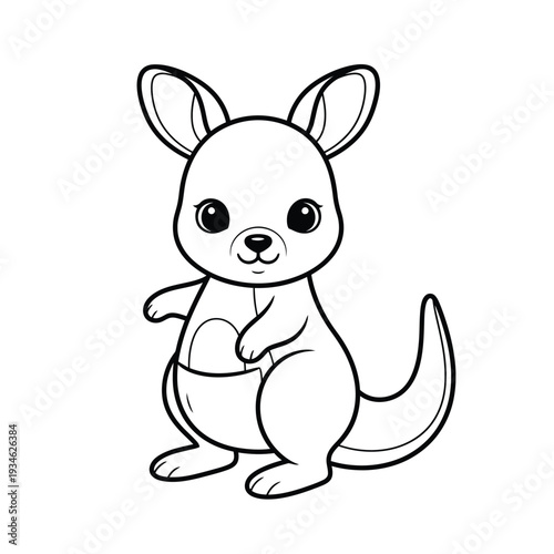 Charming, whimsical cartoon baby kangaroo with a joey peeking from its pouch, presented in a clean, simple, and adorable outline art style, perfect for children's books and coloring pages.