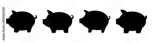 Four black piggy banks in a row vector illustration, flat design for saving concept