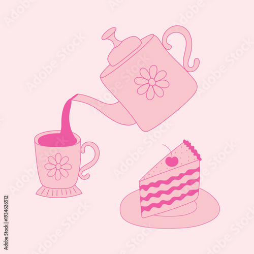 A teapot pours tea into a cup, a piece of cake on a plate. A pink tea set and a sweet dessert in a flirty style. Vector illustration.
