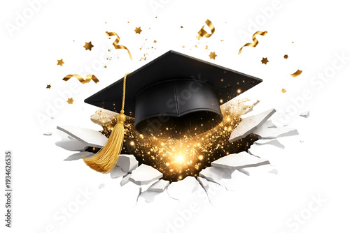 Graduation Cap Breaking Through White Surface with Flying Gold Particles on Transparent Background